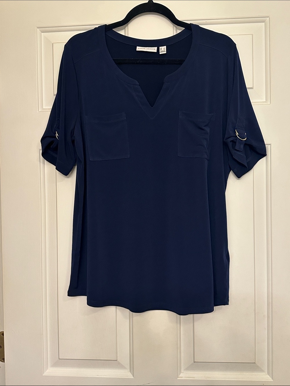 Susan Graver Navy V-Notch Short Sleeve Pocket Blouse